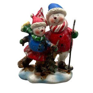 Vintage Snowman & Child Skiing Figurine village shine tree 3.5X2.5" READ